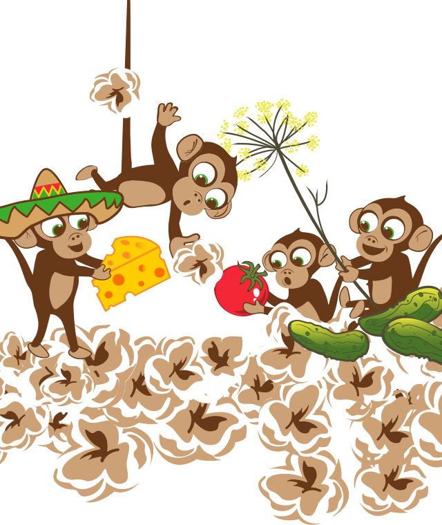 Multiple monkeys with different flavours of popcorn