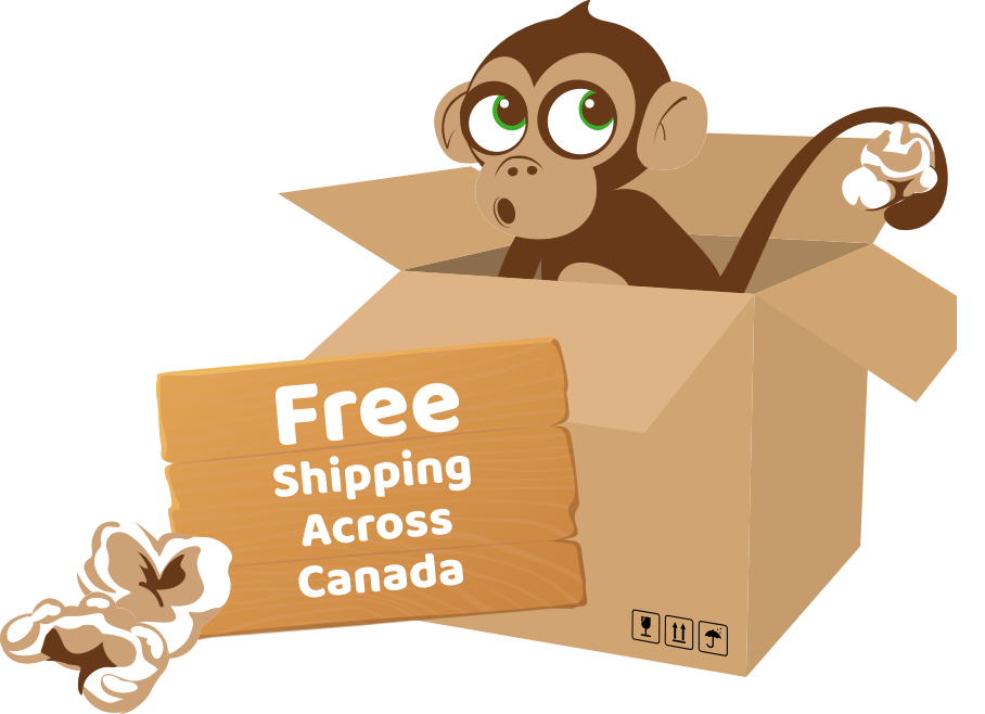 Monkey sitting inside a box with a board that says free shipping across canada