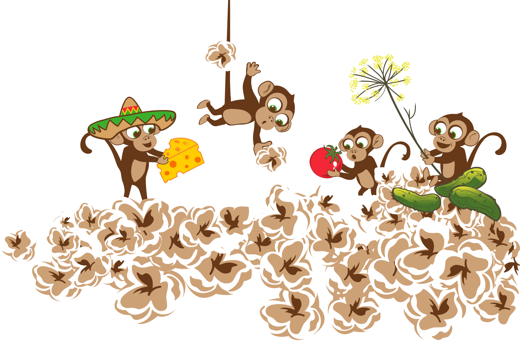 Multiple monkeys with different flavours of popcorn